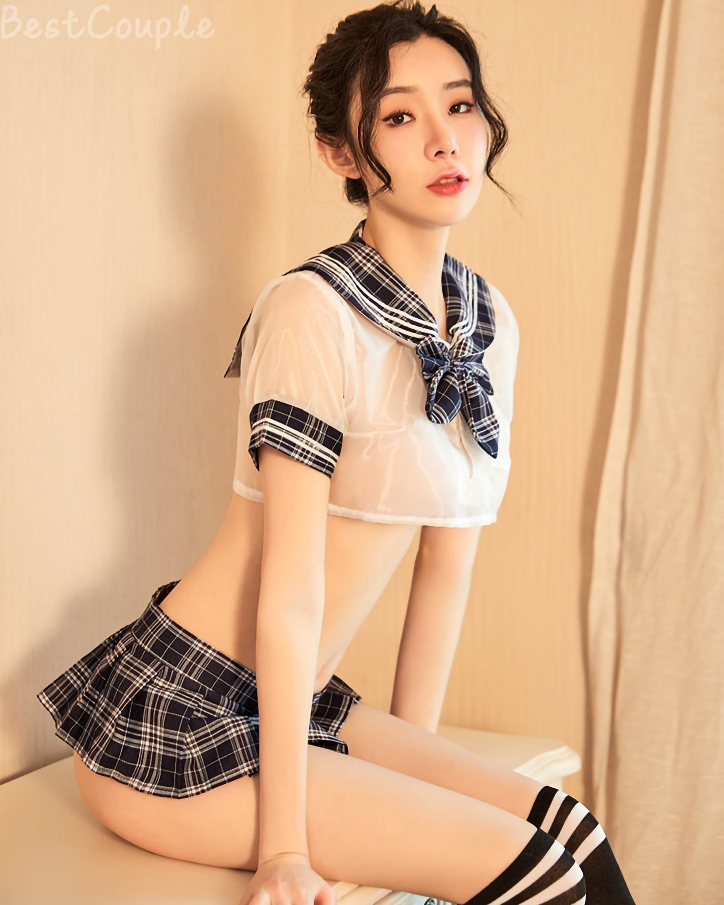 日系格子透視學生套裝 (藍) - 情趣內衣 BestCouple HongKong