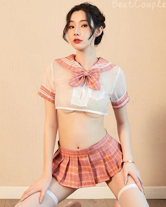 日系格子透視學生套裝 (粉) - 情趣內衣